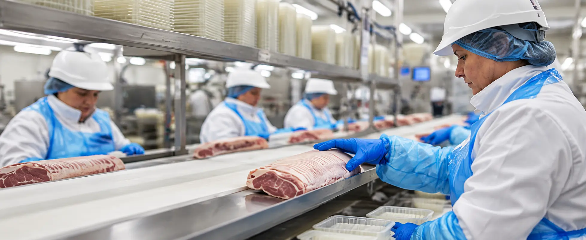 Workers handling food products on a hygienic production line in a food manufacturing facility.