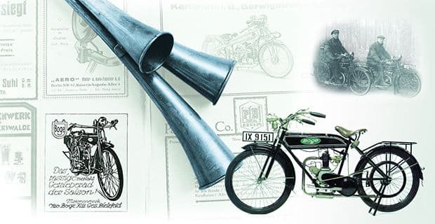 In der Mitte ragt ein Auspuff ins Bild und unten rechts ist ein altes Motorrad abgebildet. Im Hintergrund befinden sich alte Skizzen von Motorraedern