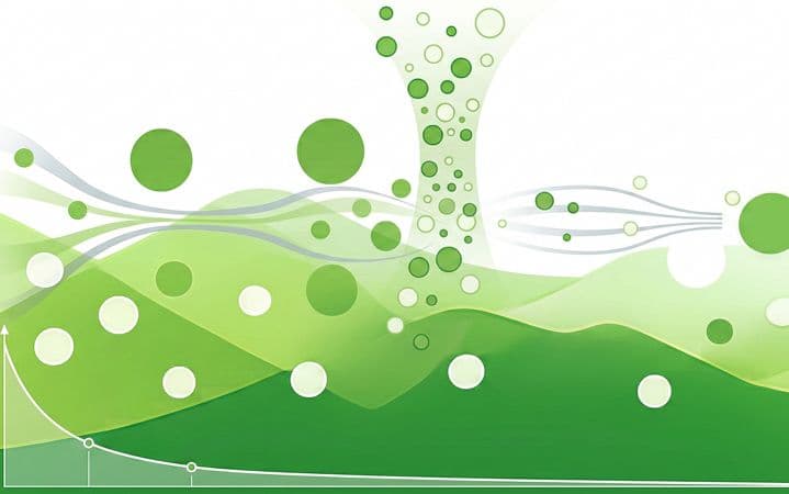 Grafik zu Beschreibung der Partikelmessung in der Drukluft mit grünen bläschen und einem beispielhaftem Graphverlauf