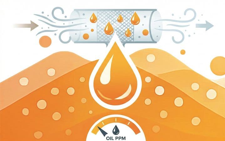 Grafik zu Beschreibung der Restoelgehaltmessung in der Druckluft in Form eines Oeltropfen, einer Messanzeige und einem Oelfilter