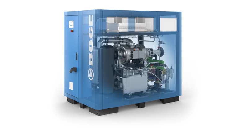BOGE Turbokompressor auf weißem Grund mit Innensicht ins Maschinenleben