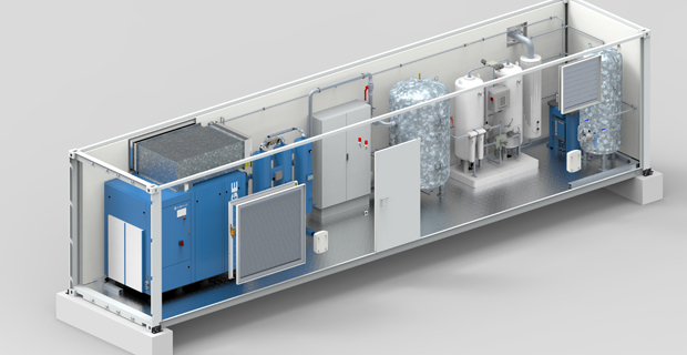 3D Modell eines Druckluft-, Stickstoff- und Kohlendioxidsystems in einem Container von BOGE Druckluftsysteme vereint
